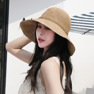 日本手工钩针拉拉草帽可折叠遮阳帽子女夏天防晒渔夫帽出游太阳帽