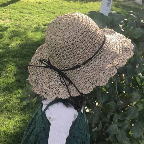 夏季新款儿童出游防晒遮阳钩针草帽女太阳帽可折叠休闲度假沙滩帽