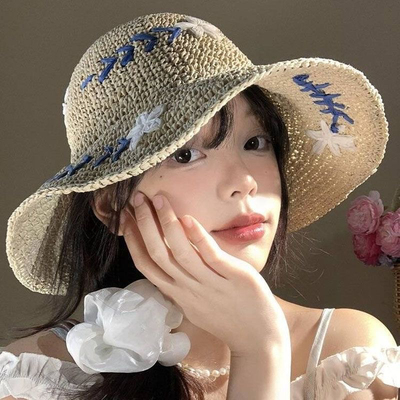 草帽花朵草编夏季透气帽子水桶海边防晒遮阳清新沙滩渔夫帽度假
