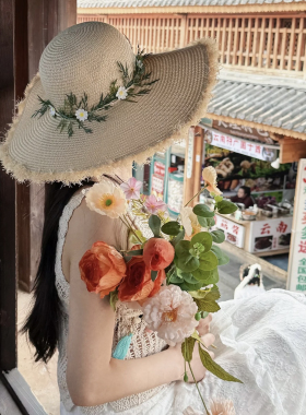 花环拉菲草帽手工编织菊花帽子女夏季出游度假百搭大檐防晒沙滩帽