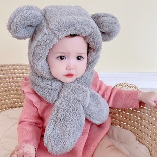 婴儿围巾一体帽子秋冬加厚款男童女宝宝可爱熊耳朵儿童毛绒护耳帽