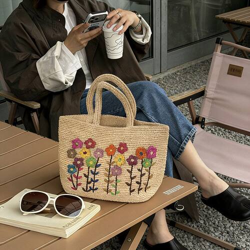 2026夏季新款大容量重工编织拉菲草包女刺绣花朵编织包海边度假包
