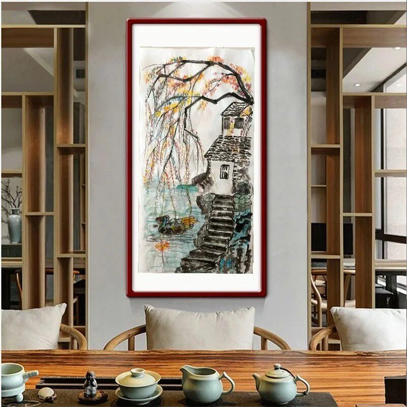 新中式客厅国风挂画装饰画书房国画乡村图河流风景画茶室餐厅礼品