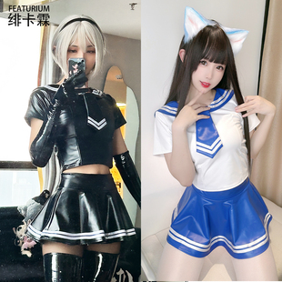 绯卡霖FEATURIUM 赛博漆皮短连衣裙水手领打歌服学院 CW月影模造