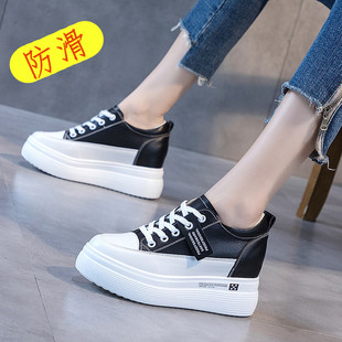 内增高女鞋秋款厚底真皮增高8cm春秋小个子配裙子的休闲鞋小白鞋