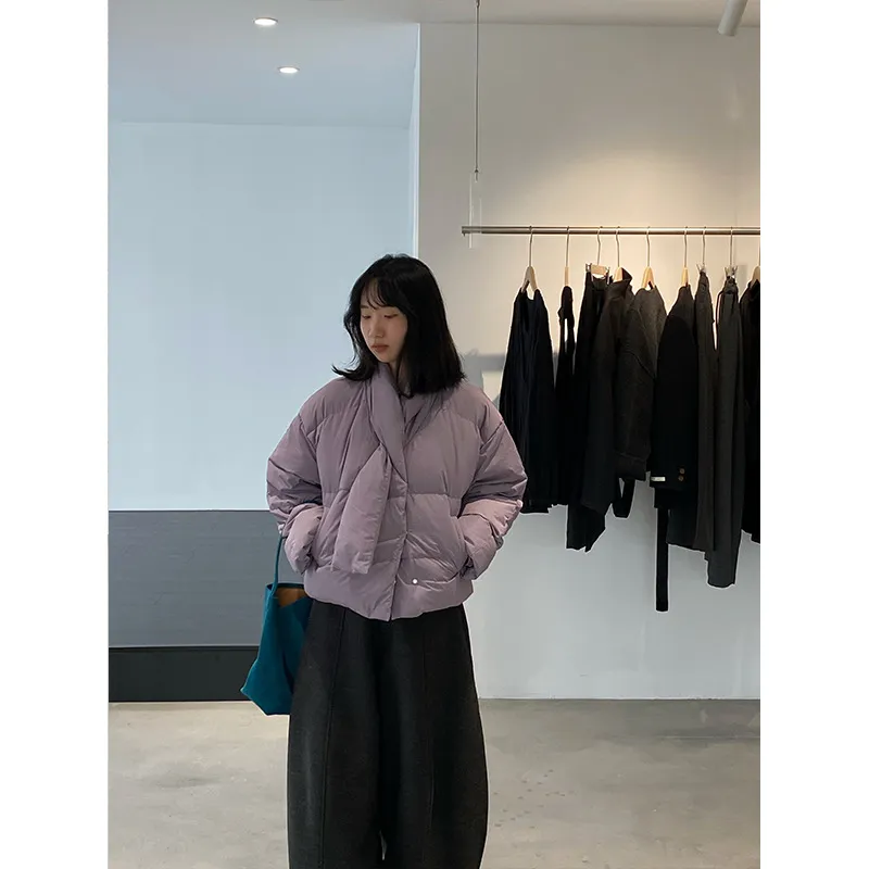 江左 三星安心90白鸭绒 紫色围脖短款羽绒服女外套韩系显瘦 6385