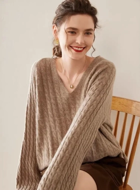 HE 轻奢慵懒风！baby山羊绒衫女V领宽松廓版羊毛衣麻花薄款针织衫