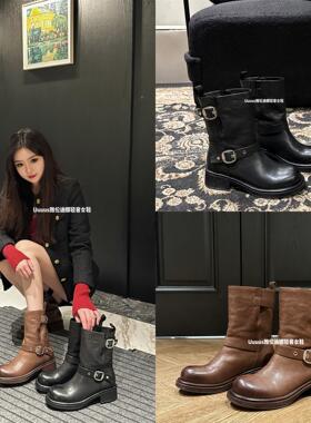 Uuuus【千元级2.0】雅伦迪娜手抓水洗牛皮英伦风复古皮带扣短靴女