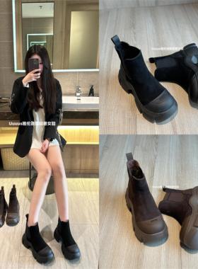 Uuuus【打造女团腿】雅伦迪娜磨砂真皮复古超轻底增高加绒短靴女