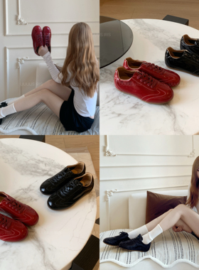 Uuuus【一见心动】韩版车厘子红系带薄底德训鞋手工油蜡牛皮鞋女