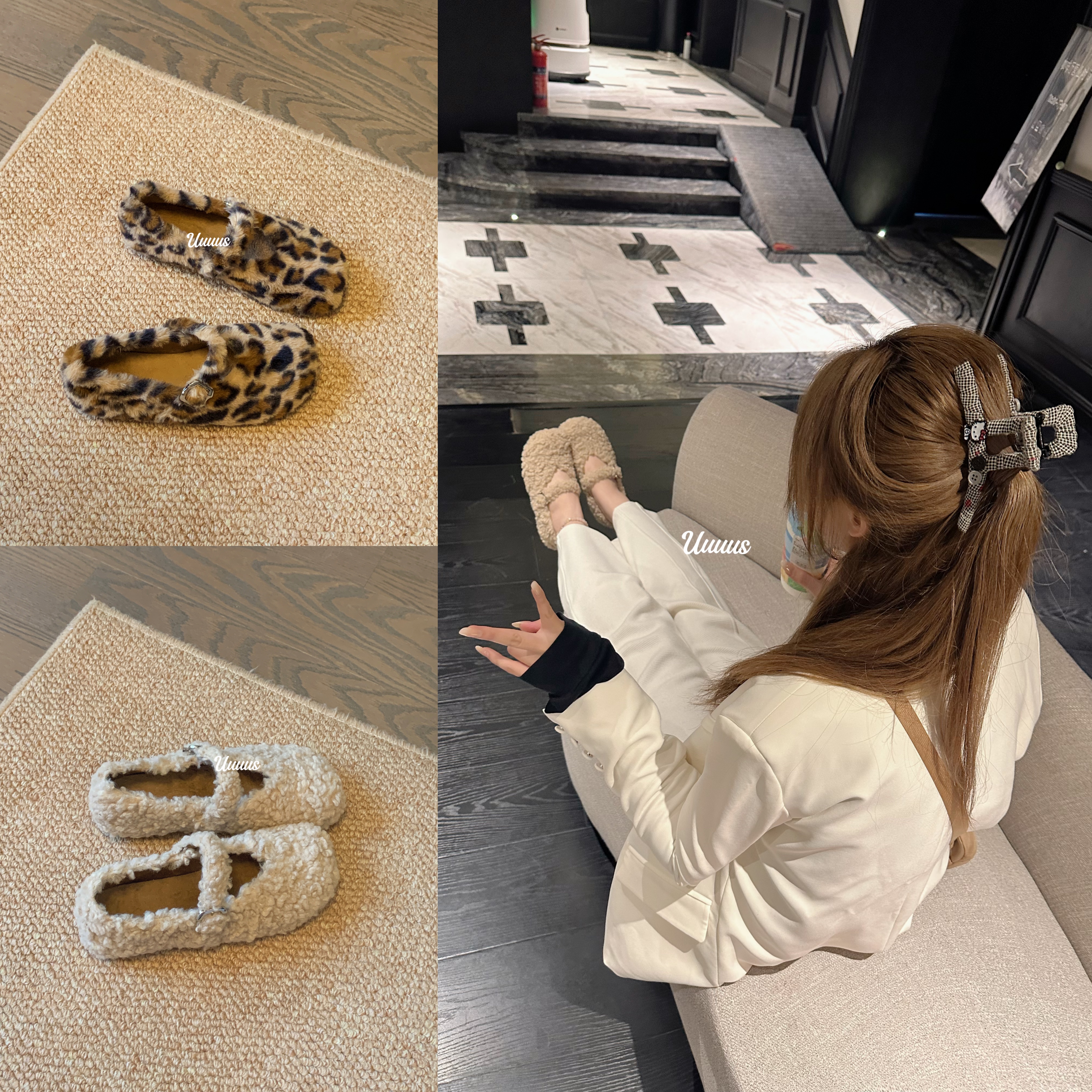 Uuuus软糯一字带加绒平底毛毛鞋