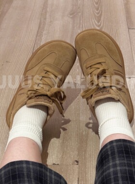 Uuuus【香草松木】暖色系美式复古撞色条纹刺绣平底加绒德训鞋~