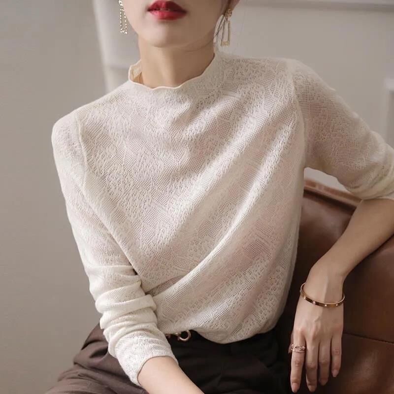 半高领蕾丝打底针织衫女春秋新款毛针织衫