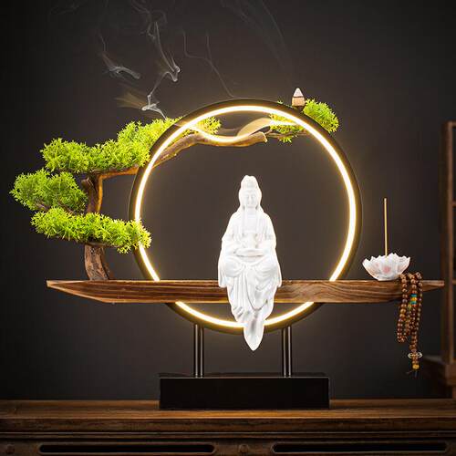 新中式禅意观音菩萨佛像陶瓷摆件倒流香炉玄关客厅供奉家居装饰品