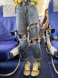 高腰港味破洞牛仔裤女直筒夏季2024新款显瘦宽松九分哈伦乞丐裤子