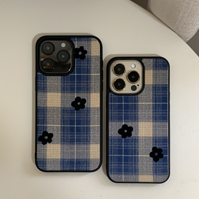 复古格纹小花布艺全包手机壳定制