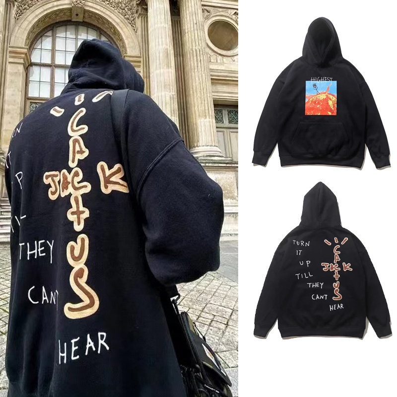 美式高街Travis Scott火柴人发泡字母印花帽衫个性嘻哈情侣卫衣潮