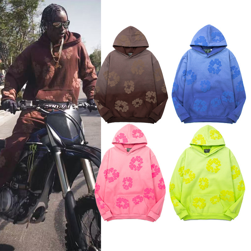 美潮高街复古做旧渐变泥染木棉花发泡印花denim连帽衫卫衣tears男