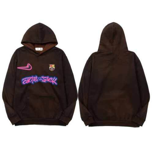 Travis Scott Utopia复古做旧泥染啡色ts恶搞小勾联名连帽卫衣男