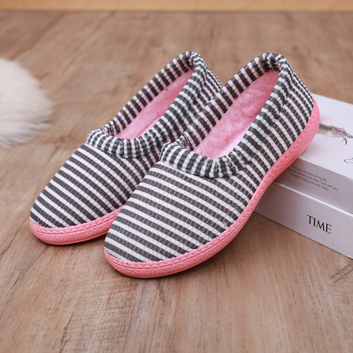 冬季棉拖鞋女士加绒保暖包跟软底防滑室内居家可爱条纹学生毛绒鞋
