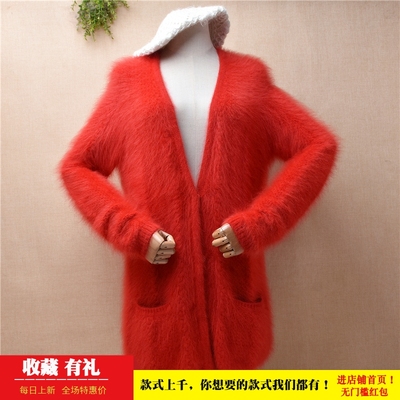 中长款红色貂绒外套深v领