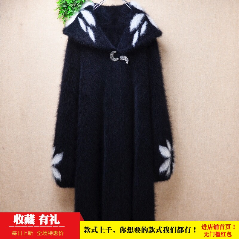 冬季加厚中长款ins长毛貂绒黑色印花款娃娃领泡泡袖外套毛衣女528