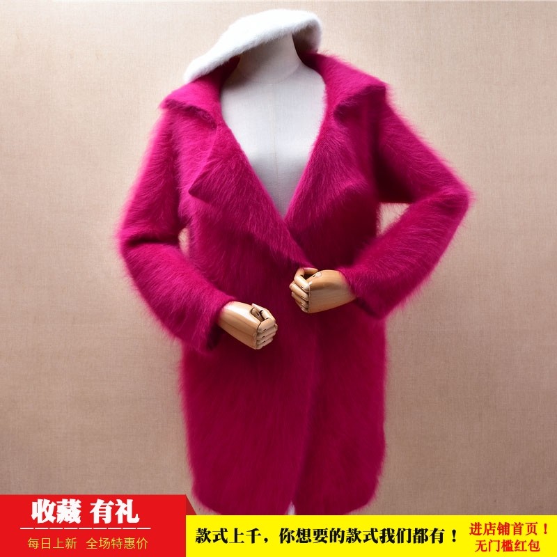 冬季加厚中长款气质减龄玫红色西装领ins长毛貂绒韩版宽松外套436