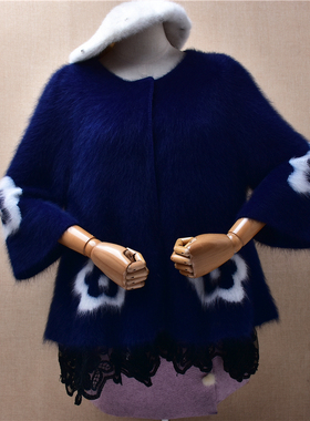 超气质冬季加厚深蓝色印花款蕾丝拼织ins长毛貂绒宽松外套女1170