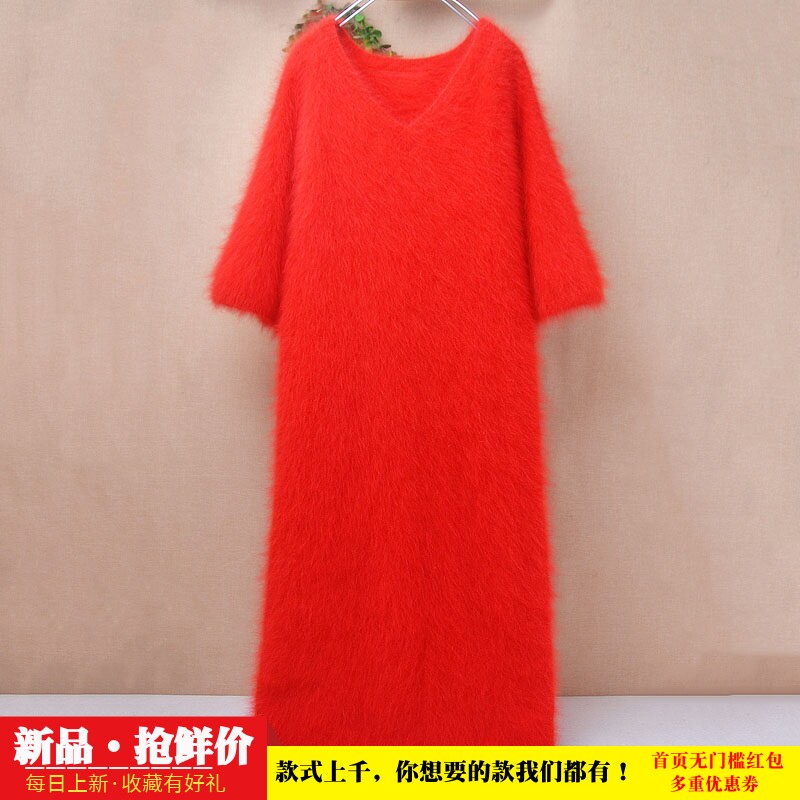 超长款时尚秋冬连衣裙红色v领长毛貂绒修身显瘦套头短袖毛衣女327