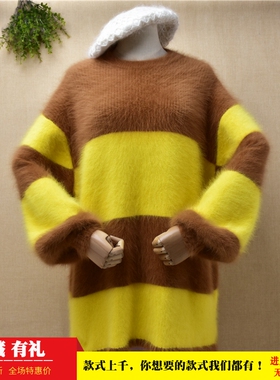 中长款ins长毛貂绒粗砂条纹拼色开衩款韩版宽松灯笼袖套头女X102