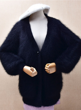 冬季加厚中长款粗砂黑色v领蝙蝠袖ins长毛貂绒韩版宽松外套女482