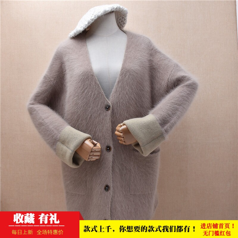 中长款加厚ins长毛貂绒浅驼色兜兜袋v领韩版宽松蝙蝠袖外套女304