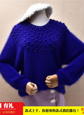 超气质秋冬chic蓝色圆领珠花款韩版宽松蝙蝠袖慵懒风套头女638