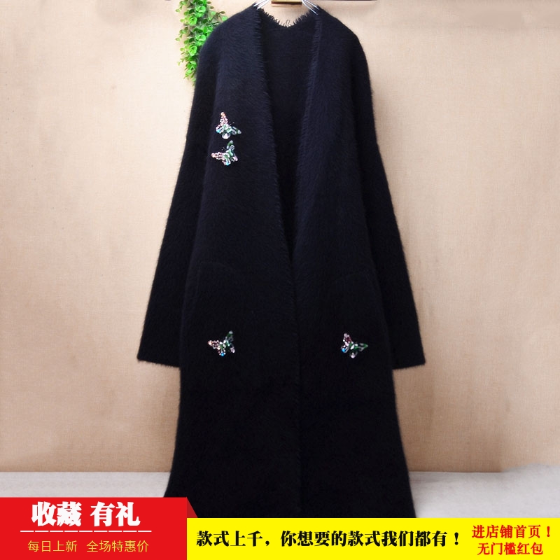 时尚超长款过膝深蓝色披风蝴蝶刺绣ins长毛貂绒宽松外套毛衣女194