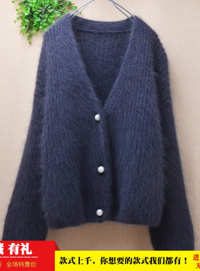 粗砂条纹秋冬气质灰蓝色v领ins长毛貂绒韩版宽松蝙蝠袖外套女211