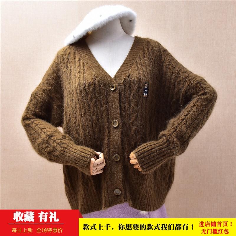 爱客秋冬新品ins长毛貂绒浅棕色v领麻花条纹韩版宽松加厚外套385