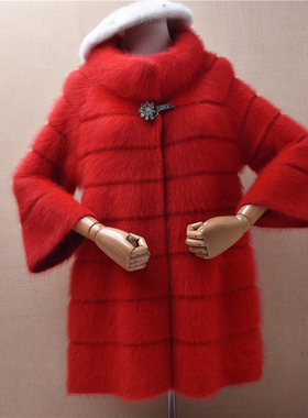 中长款加厚气质红色条纹立领七分喇叭袖ins长毛貂绒宽松外套1174