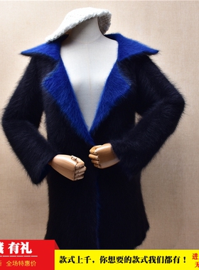 冬季加厚中长款ins长毛貂绒黑色西装领宽松显瘦蝙蝠袖外套毛衣456