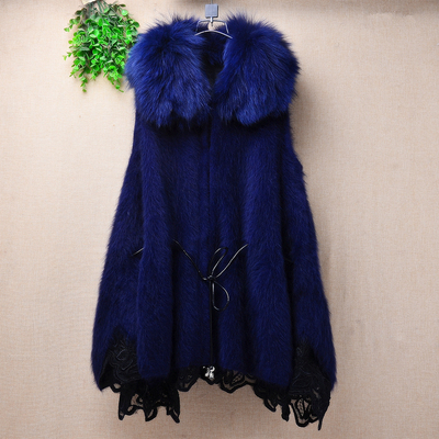 超好看中长款秋冬款蓝色毛毛领蕾丝拼接软糯ins长毛貂绒外套女136