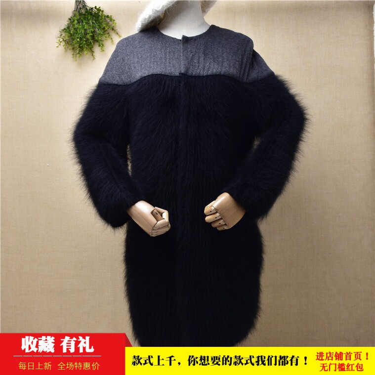 重磅加厚中长款秋冬ins长毛水貂绒时尚黑色拼接款外套毛衣女F151
