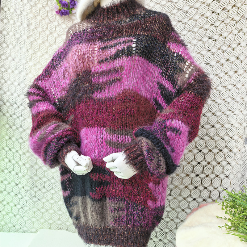 2026春秋时尚中长款拼色半高领chic马海毛宽松慵懒套头毛衣女730