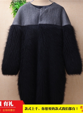 ins长毛貂绒中长款加厚优雅黑色粗砂条纹拼织宽松慵懒七分袖外套