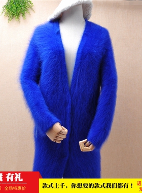 LA19中长款加厚ins长毛貂绒蓝色披风韩版宽松慵懒风口袋外套毛衣