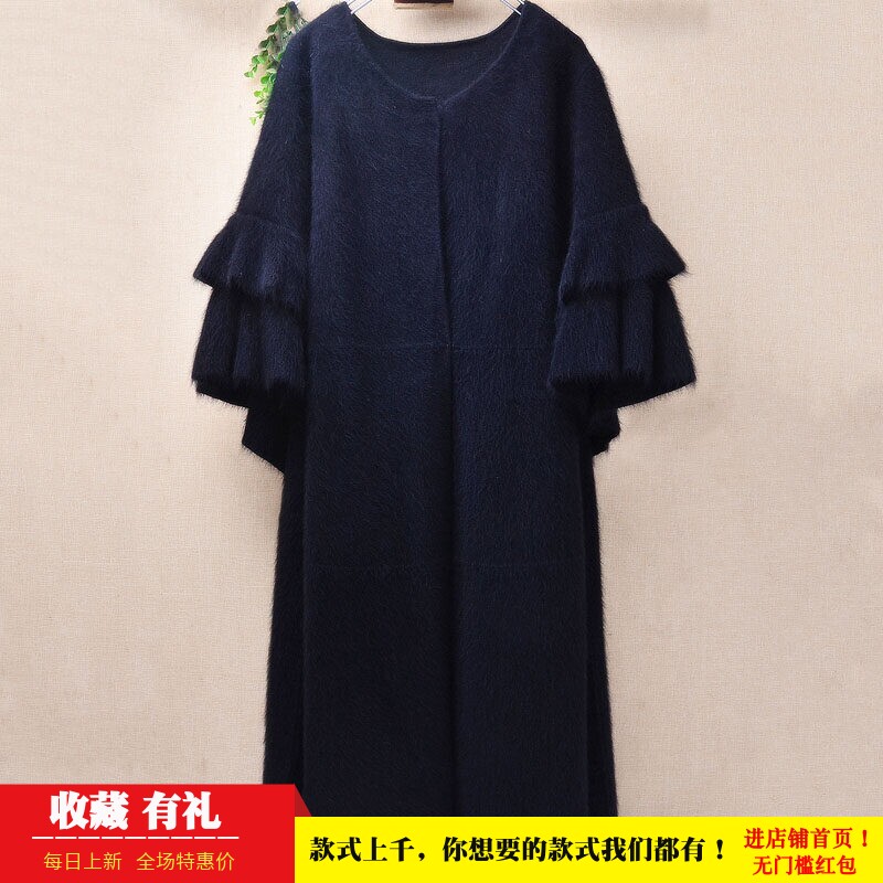 气质港风秋冬中长款黑色花瓣袖ins长毛貂绒韩版宽松慵懒外套女382