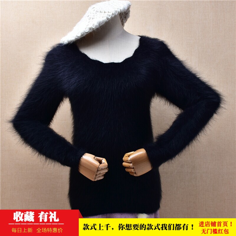 爱客秋冬款优雅风ins长毛貂绒黑色花边圆领修身显瘦套头毛衣女514