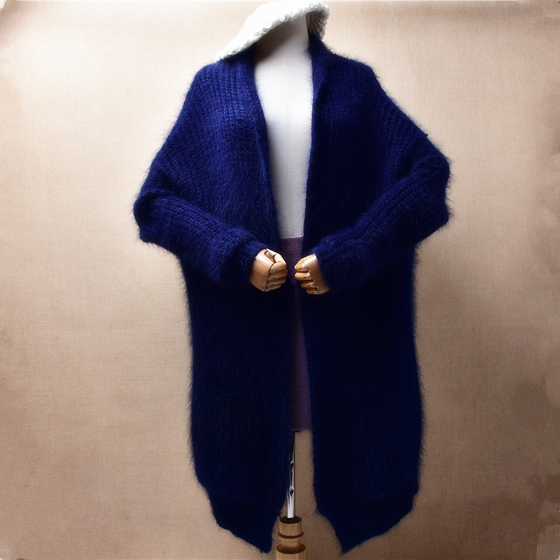 冬季加厚中长款粗砂ins长毛貂绒深蓝色披风宽松慵懒风外套毛衣46