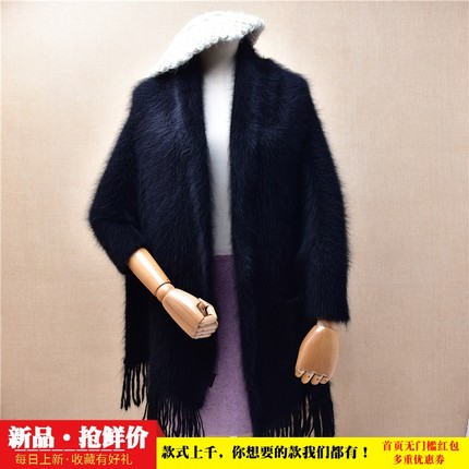 中长款秋冬ins长毛貂绒黑色披风流苏韩版宽松蝙蝠袖外套毛衣女23