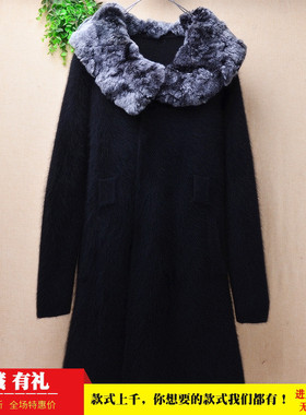 冬季加厚中长款ins长毛貂绒黑色毛毛领修身显瘦款开衫外套毛衣女
