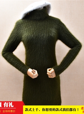 气质秋冬中长款连衣裙军绿色高领条纹ins长毛貂绒修身套头女1094