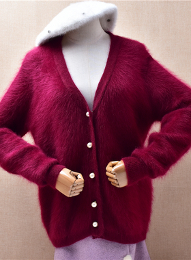 2025冬季新款深红色v领珠花扣ins长毛貂绒宽松蝙蝠袖外套毛衣346